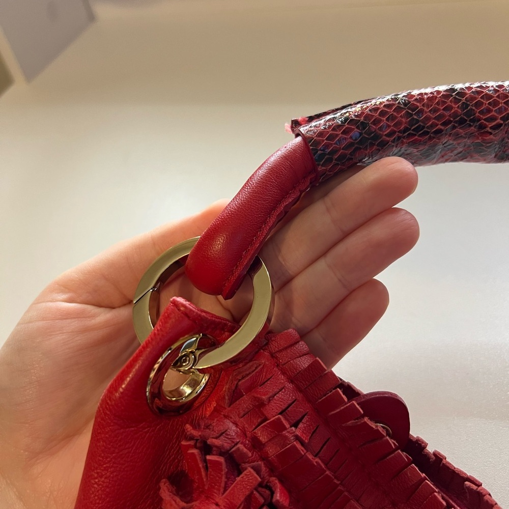 Jimmy Choo Red Suede Leather and Snakeskin Fringe Hobo Shoulder Bag - Picture 7 of 16